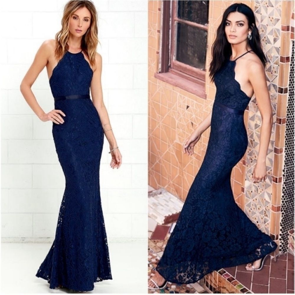 🦋 Lulu’s Zenith Navy Blue Lace Scalloped Neckline Maxi Gown Dress